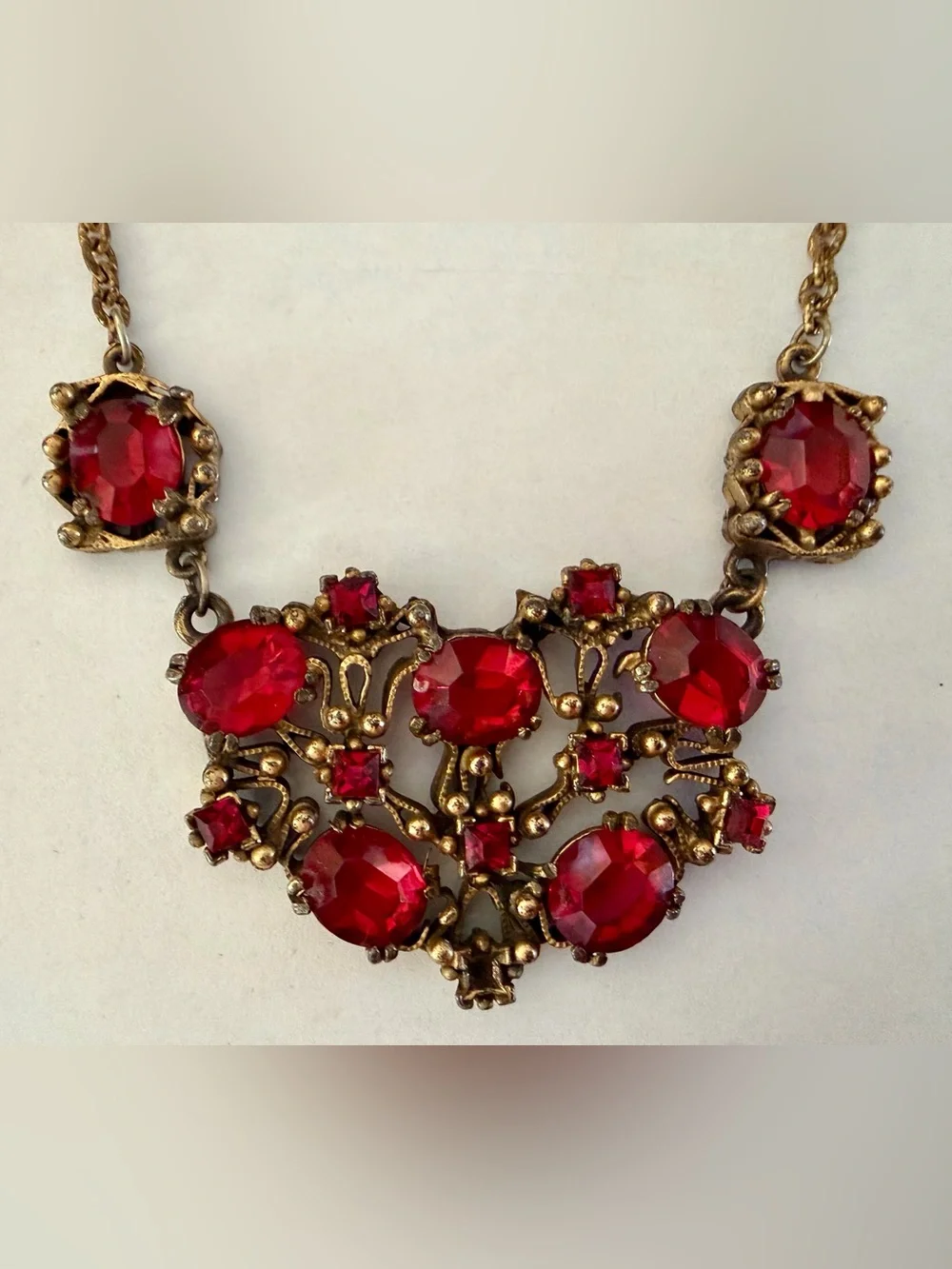Vintage Art Nouveau Red Crystal Statement Chocker Necklace Gold Tone